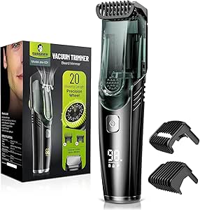 Vacuum Beard Trimmer for Men, Rechargeable Mustache Trimmer with Adjustable Length Comb (1-20MM), IPX6 Waterproof Built-in Electric Beard Trimmer for Beard, Mustache and Stubble, Green