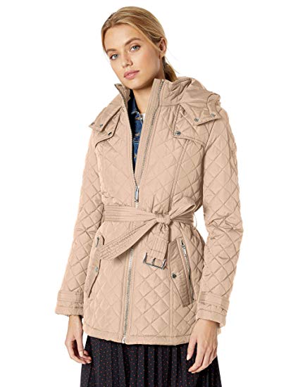 Tommy Hilfiger Women's Zip Front Belted Diamond Quilt Hooded Jacket