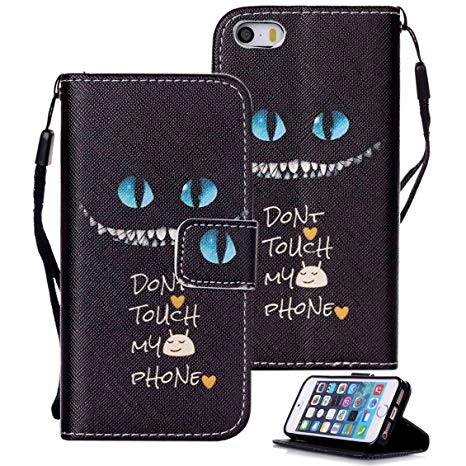 iPhone SE Case, iPhone 5s Case, iPhone 5s Wallet Case, Etubby [Wallet Stand] PU Leather Wallet Flip Protective Case with Card Slots and Wrist Strap for Apple iPhone SE & iPhone 5 5s - Cheshire Cat
