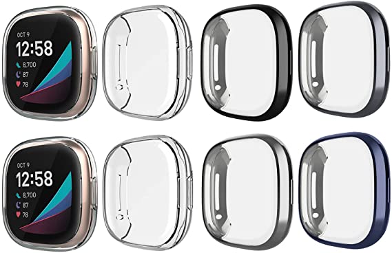 GHIJKL 8 Pack Case Compatible with Fitbit Versa 3 / Sense Screen Protector, Ultra Slim TPU Plated Cover Anti-Scratch Shockproof All Around Bumper Shell Accessories for Fitbit Sense/Versa 3 Smartwatch