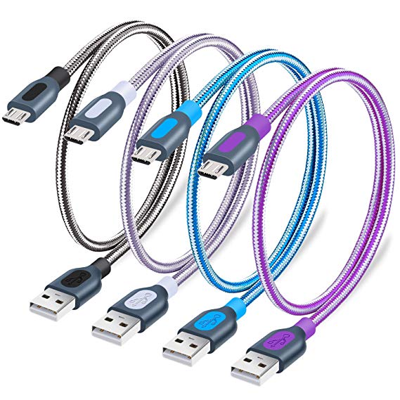 Android Charger Cable Short, Besgoods 4-Pack 1Ft Micro USB Cable Braided Fast Charge Sync Data Cable Compatible with Samsung Galaxy S7 S6 Note, LG, HTC, PS4, MP3 - Black White Blue Purple