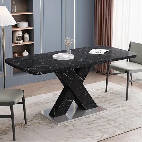 Modern Dining Table, Extendable Marble Dining Table for 4-6, Expandable Dining Table with Faux Marble Top and Crossed Pedestal Base, Large Dining Table for Dining Room Kitchen (Black)