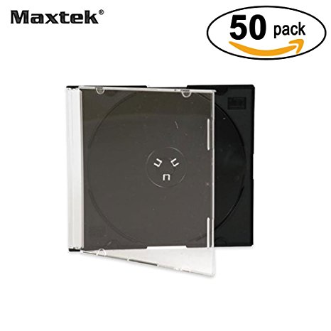 Maxtek Ultra Thin 5.2mm Slim Clear CD Jewel Case with Built In Black Tray, 50 Pack.
