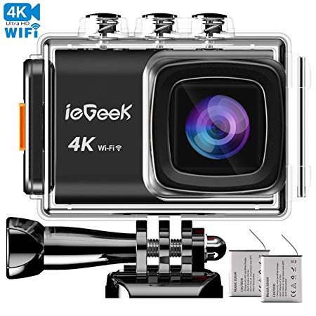 ieGeek Action Cam, 4K 20MP Wifi Sport Camera with 170° Wide-Angle EIS Anti-Shake 30M/98FT Underwater Waterproof 2 1200mAh Batteries and Mounting Accessories Kit for Diving/Bicycle/Climbing/Swimming