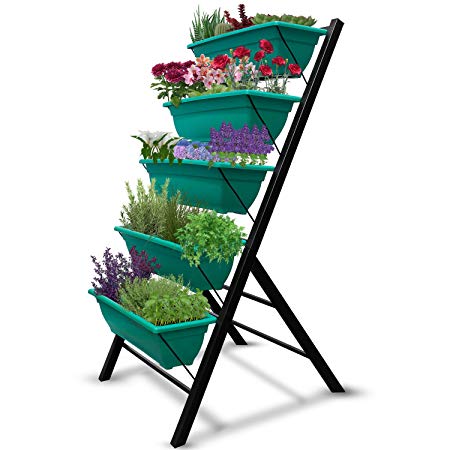 4-Ft Raised Garden Bed - Vertical Garden Freestanding Elevated Planter with 5 Container Boxes - Good for Patio or Balcony Indoor and Outdoor - Cascading Water Drainage to Grow Vegetables Herbs Flowers