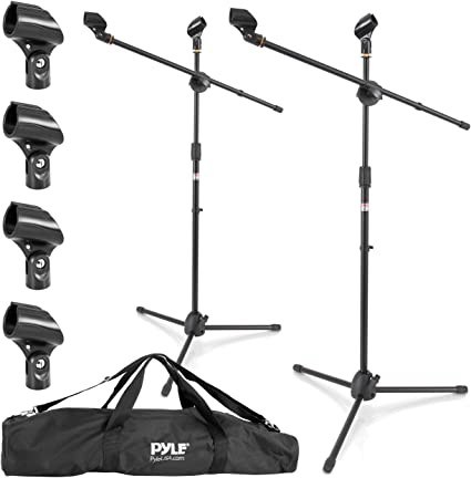 Pyle Universal Tripod Microphone Stand - Pair of Adjustable Height 27.5” to 52” High and Extendable Boom Length 24” w/ Lock Tension Knob - 2 M-6 Microphone Holder and Heavy Duty Carry Bag