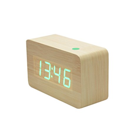 Smileto Super Mini Rectangle Wood Style Grain Thermometer Touch Sound Activated Desk LED Digital Alarm Clock (Wooden case Green light)