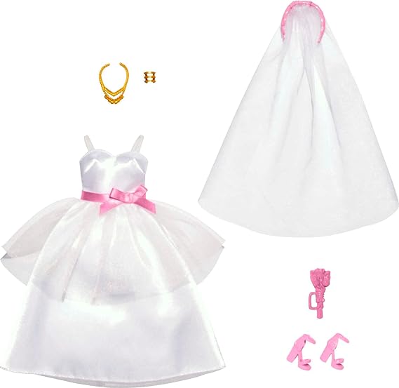 Barbie Fashions Doll Clothes and Accessories Set, Bridal Pack with Wedding Dress, Veil, Bouquet, Shoes and Jewelry