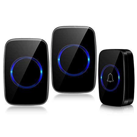 Wireless Doorbell, Ring Door Bell Chime Kit, Waterproof 2 Plug in Receiver and 1 Battery Operated Push Buttons Transmitter 1000 Feet Operating Range, 5 Levels Volume with Silence LED Flash Mode, 60 Melodies to Choose, Black