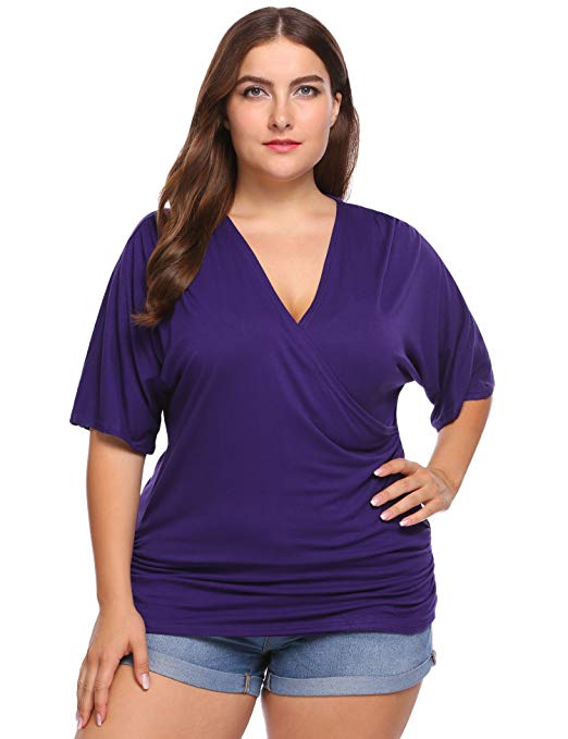 IN'VOLAND Plus Size Women V Neck Wrap Front Drape Tops Short Sleeve Pleated Waist Shirt Blouse