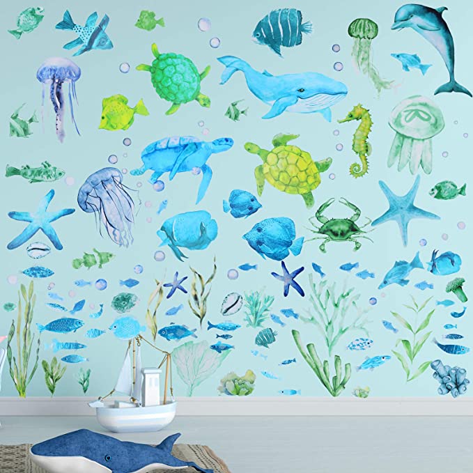 116 Pieces Glow in The Dark Ocean Wall Decals Under The Sea Fish Wall Nursery Decals Removable Peel and Stick Art for Kids Baby Bedroom Living Room Bathroom (Fresh Colors)