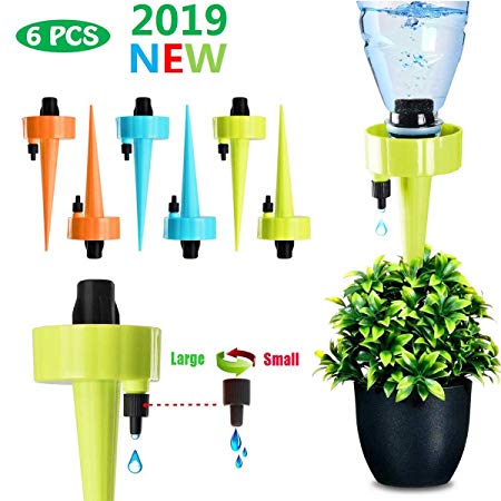 Self Watering Spikes, Plant Waterer, Plant Watering Devices 2019 Upgrade, Automatic Vacation Drip Irrigation Watering Bulbs Globes Stakes System with Slow Release Control Valve Switch for Potted Plants (6 pack)
