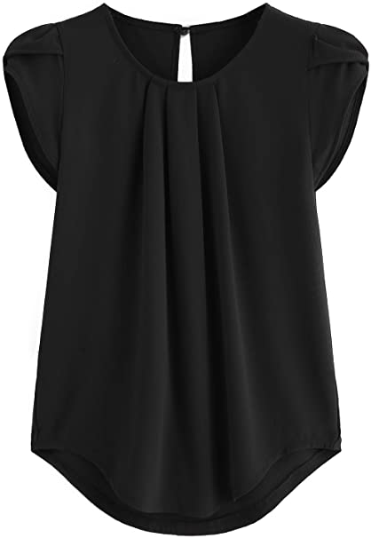 Milumia Women's Casual Round Neck Basic Pleated Top Cap Sleeve Curved Keyhole Back Blouse