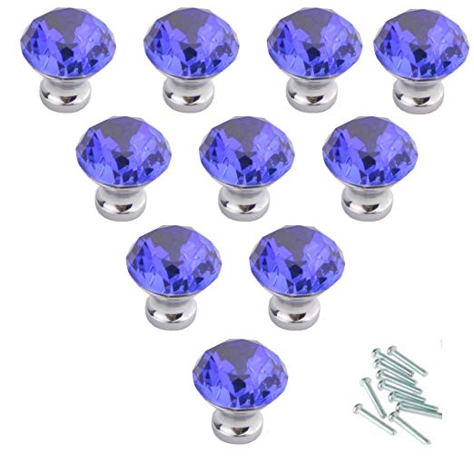 HOSL 10PCS Blue Diamond Shape Crystal Glass Cabinet Knob Cupboard Drawer Pull Handle/Great for Cupboard, Kitchen and Bathroom Cabinets, Shutters, etc (30MM)