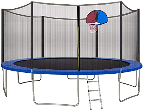 PAPAJET 12FT 15FT Trampoline with Safety Enclosure Net, Basketball Hoop and Ladder, Backboard Net, Backyard Outdoor Trampoline Combo Bounce Jump Trampoline for Kids Adults