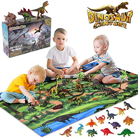 Giftinthebox Dinosaur Toys, Large 31.5 x 47.3 Inch Play Mat with 21 Realistic Looking Dinosaurs Including T-Rex, Triceratops, Velociraptor, Great Gifts for Kids 3 Year Olds and Up
