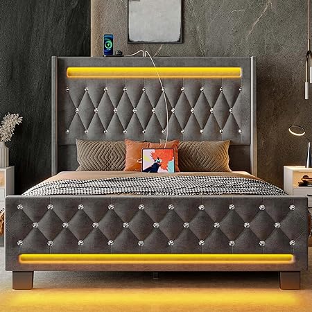 Rolanstar King Bed Frame with LED Light and Charging Station, Upholstered High Headboard and Footboard, Wood Slats, Noise Free, Easy Assembly, Grey