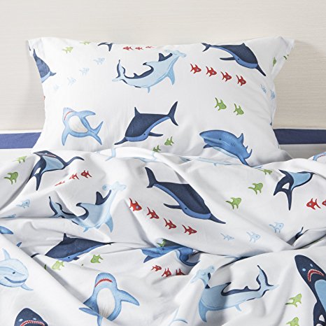 Norson Kids Cartoon Cotton Duvet Cover Sets 4pcs,cute Shark in the Sea Bed Sheets for Teens Queen Size