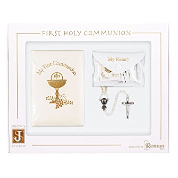 My First Communion Ivory Rosary Prayer Book Lapel Pin Deluxe Gift Set for Girl by Roman