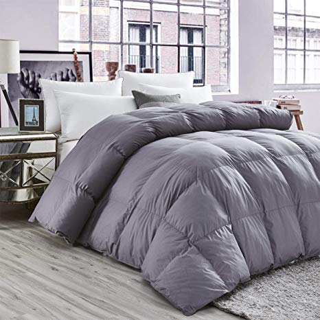 Luxurious All-Season Goose Down Comforter Duvet Insert, Classic Gray, Premium Baffle Box, 1200 Thread Count 100% Egyptian Cotton Cover, 750+ Fill Power (Twin)