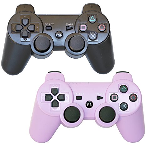 Pack of 2 Bluetooth Dual Vibration Wireless PS3 Remote Controllers For Use With Playstation 3 (Black/Purple)