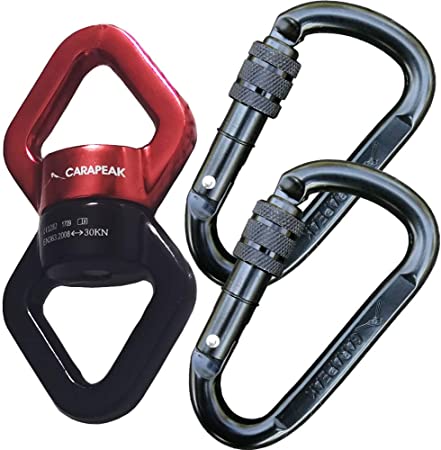CARAPEAK 30kN Safety Swing Swivel with 2 Screwgate Locking Carabiners Set, Rotational Device Safest Climbing Hanging Accessory for Aerial Yoga Hammock, Kids Tire Swing, Spin Smoothly (Black & Red)
