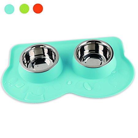 PAWISE Dog Bowl, Stainless Steel Dog Food Water Bowl with No Spill Silicone Mat Puppy Bowl for Feeding Dogs Cats Puppies (350ml x 2)