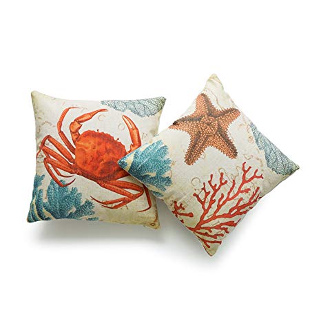 Hofdeco Decorative Throw Pillow Cover HEAVY WEIGHT Cotton Linen Vintage Caribbean Sea Life Starfish Crab Coral 18"x18" 45cm x 45cm Set of 2