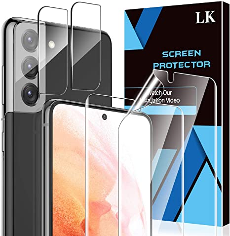 4 Pack LK 2 Pack Screen Protector & 2 Pack Tempered Glass Camera Lens Protector Compatible with Samsung Galaxy S21 5G 6.2-inch, Positioning Tool, Fingerprint Support, Flexible TPU Film Model No. Z1 S