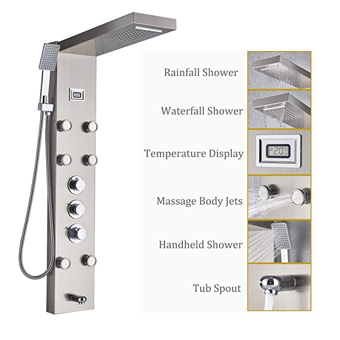 Rozin Brushed Nickel 5-Function Shower Panel Thermostatic Mixer Control Waterfall Rain Shower Faucet Body Massage Jets with Hand Spray