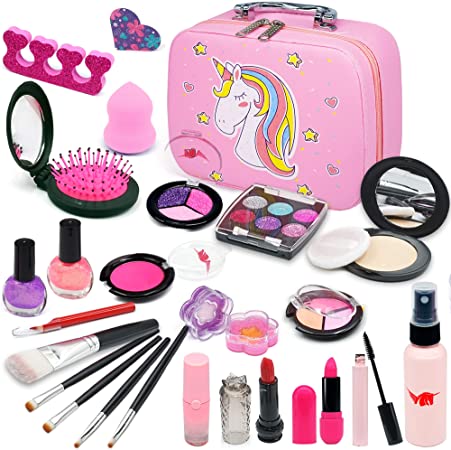 ROKKES Kids Unicorn Washable Makeup - 28Pcs Real Make-up Kit Toys for Little Girls, Toddler Safe & Non-Toxic Cosmetic Set, Play Pretend Dress Up Starter, Age 4 5 6 7 8 Year Olds Child Birthday Gift