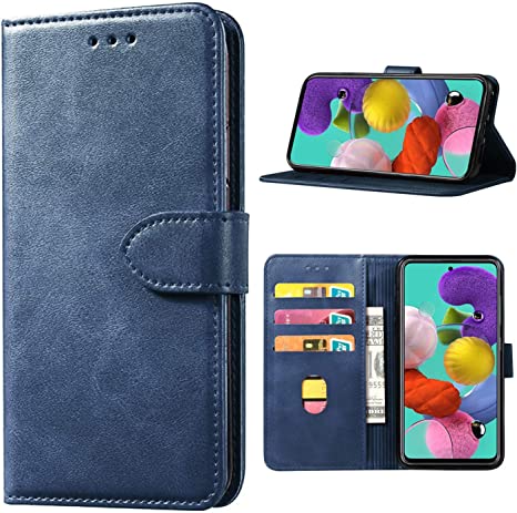 Samsung Galaxy A51 Case Wallet Shockproof Flip Flap Foldable Magnetic Clasp Protective Cover case with Cash Credit Card Slots and for Galaxy A51 (Blue)