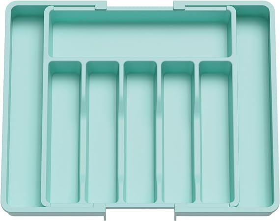 Lifewit Silverware Drawer Organizer, Expandable Utensil Tray for Kitchen, Adjustable Flatware and Cutlery Holder, Compact Plastic Storage for Spoons Forks Knives, Large, Turquoise