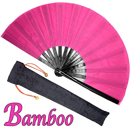 OMyTea Bamboo Large Rave Folding Hand Fan for Men/Women - Chinese Japanese Kung Fu Tai Chi Handheld Fan with Fabric Case - for Performance, Decorations, Dancing, Festival, Gift (Pink)
