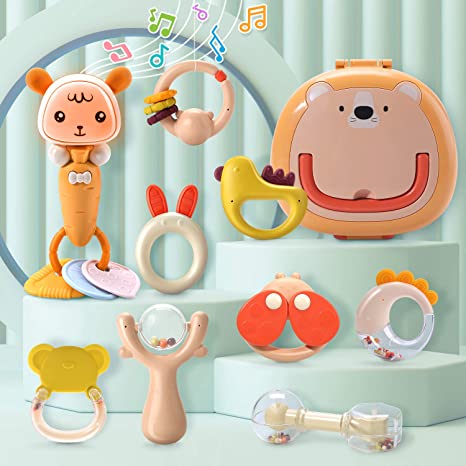 CUTE STONE Baby Rattles Teether Rattles Toys Set,Electronic Grab Shaker with Music and Light,Musical Toy Set with Bonus Storage Box,Early Educational Toys for 3, 6, 9, 12 Month Infant Newborn Boy Girl