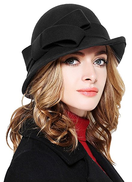 Women Solid Color Winter Hat 100% Wool Cloche Bucket with Bow Accent