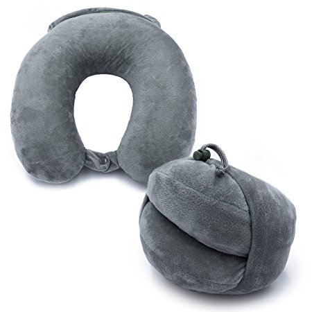TravelBear Foldable Memory Foam Travel Neck Pillow with Maximum Comfort on a Airplane - Washable - U Shaped Cushion - 360 Head & Neck Support