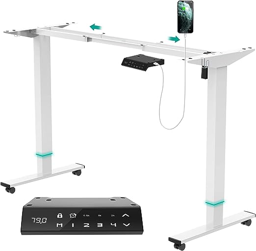 JUMMICO Height Adjustable Electric Standing Desk Frame with USB Socket Automatic Memory Smart Keyboard and Heavy Duty Steel, Electric Height Adjustable Table Frame with Wheels, Sit Stand Desk (White)