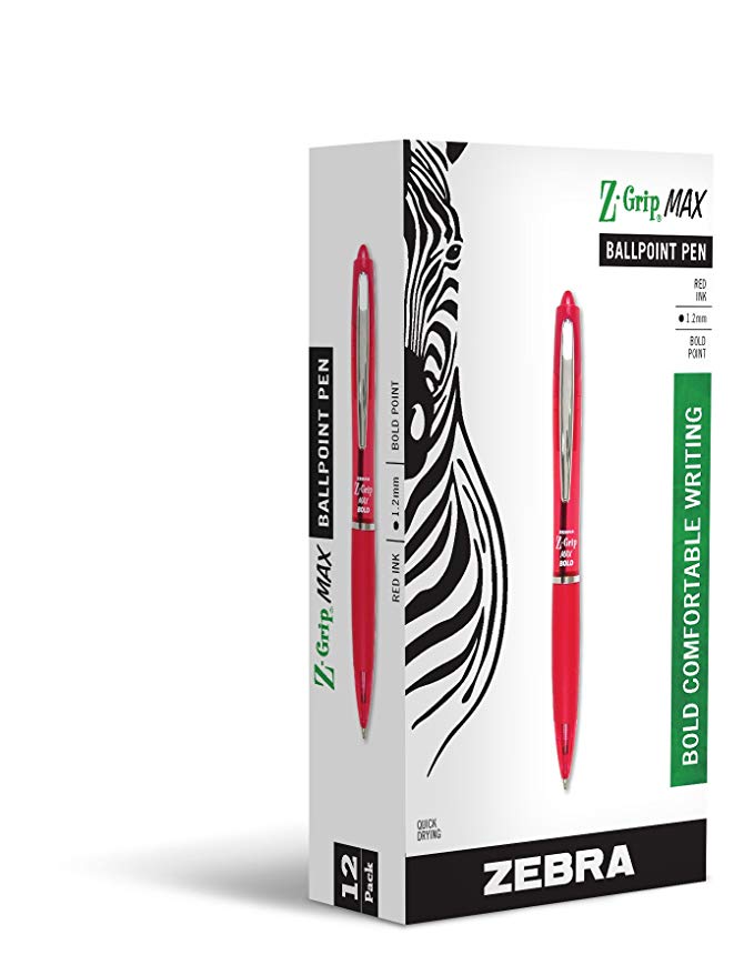 Zebra Z-Grip MAX BOLD Retractable Ballpoint Pen, Bold Point, 1.2mm, Red Barrel, Red Ink, 12-Count