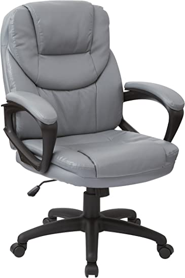 Office Star FL Series Faux Leather Manager's Adjustable Office Chair with Lumbar Support, Tilt Control, and Padded Arms, Charcoal Grey