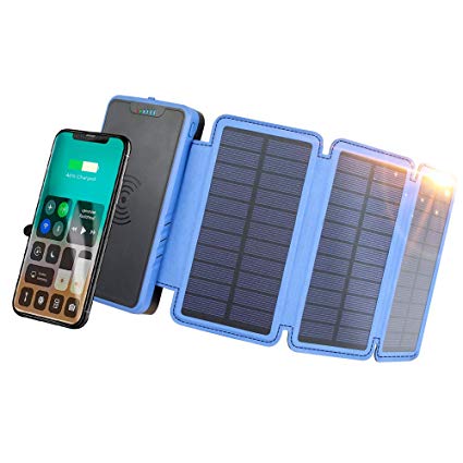 20000mAh Portable Solar Power Bank, Elzle Qi Wireless Charger with 3 Solar Panels, Flashlight, Dual 5V/2.1A USB Ports Waterproof External Battery Pack Compatible with Smartphones, Tablets, etc.