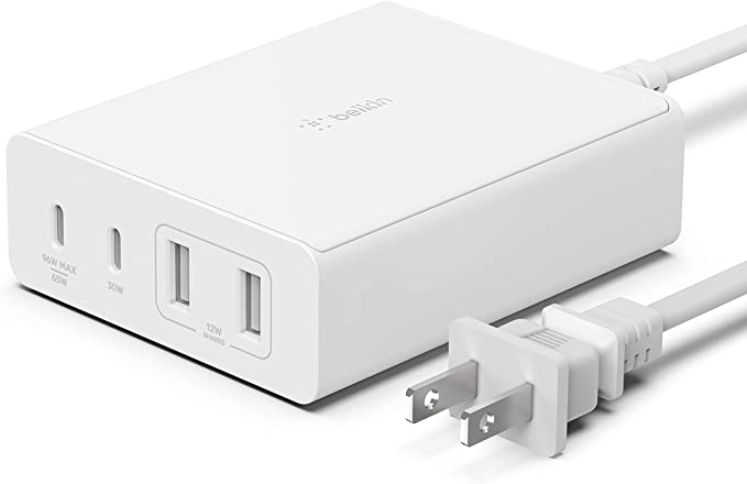 Belkin 108W GaN USB Charging Station for Multiple Devices, 2 USB Type C and 2 USB A Fast Desktop Charger Dock Hub for MacBook, Pro, Air, iPhone 13, 12, Pro, Max, Mini, iPad Pro, Air, Galaxy and More