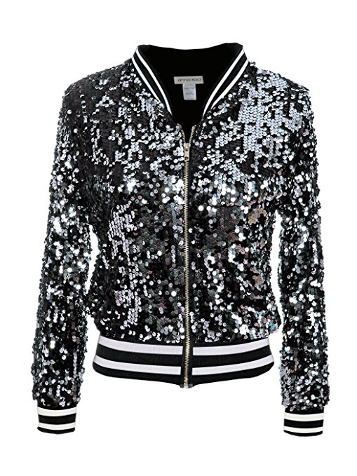 Anna-Kaci Womens Sequin Long Sleeve Front Zip Jacket With Ribbed Cuffs