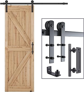 SMARTSTANDARD 5.5 FT Heavy Duty Sturdy Sliding Barn Door Hardware Kit, Black, (Whole Set Includes 1x Pull Handle Set & 1x Floor Guide) Fit 30"-33" Wide Door Panel (I Shape Hanger)