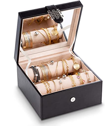 Glenor Co Bracelet Jewelry Box with 2 Removable Rolls - Holder Stores Bracelets, Bangles & Watches - Organizer w Modern Metal Closure - Large Mirror - PU Leather - Display on Stand or Dresser -Black