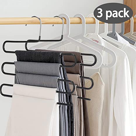 devesanter Pants Hangers Space Save Non-Slip S-Shape Trousers Hangers Stainless Steel Clothes Hangers Closet Space Saving for Pants Jeans Scarf Hanging Black (3 Pack with 10 Clips)