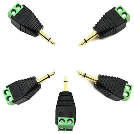 Kework 5-Pack Gold Plated I/8" 3.5mm TS Mono Male to 2 Pin Screw Terminal Female AUX Headphone Balun Connector Converter Adapter (3.5mm Male)