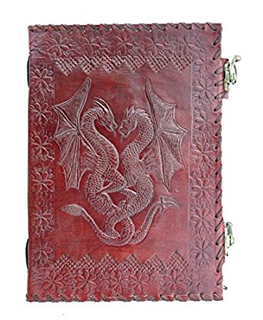 QualityArt Handmade Leather Journal Double Dragon 2 Latches Embossed Diary Notebook Sketchbook 10x7