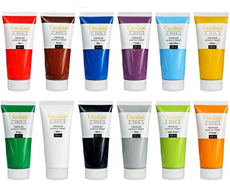 Creative Deco Acrylic Paint Set Large | 12 Jumbo 100ml Tubes | Perfect for Beginners, Children, Students & Professional Artists | Perfect for Wood, Canvas, Fabric and Paper