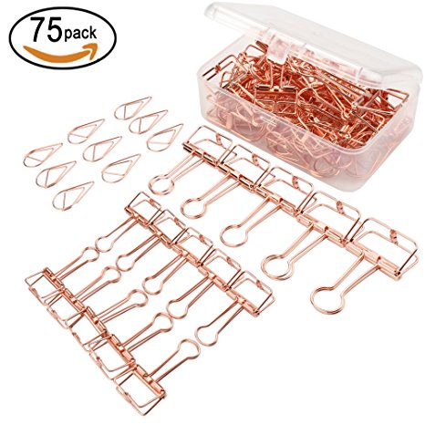 SOTOGO 15 Pcs Binder Clips and 60 Pcs Paper Clips, Assorted Size Rose Gold Clips With Storage Case